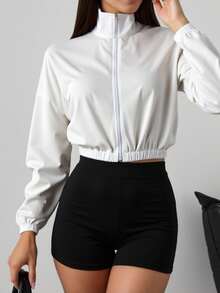 女士休闲宽松拉链长袖衬衫，简约百搭，适合日常穿着 - 白色 - 查看 5