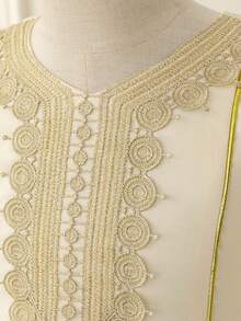 4Y-7Y Girls' Middle Eastern Princess Style Dress, V-Neck Long Sleeve High Waist Flared Dress, Elegant Embroidered Patchwork Design, Suitable For Wedding, Party, Holiday, Photography, Spring/Summer/Autumn - 白色 - 查看 7