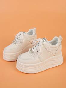 Women's Platform Sneakers, Solid Color Casual Outdoor Lace-Up Lightweight Soft Bottom Elevator Shoes, Fashion Versatile Leisure Ladies Shoes For Outdoor,Trainers Women - White - View 2