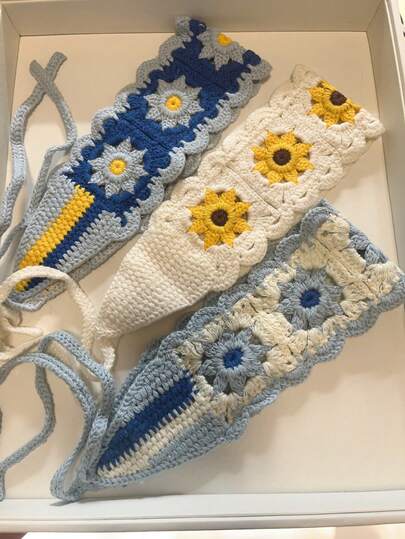 1条印花波西米亚风可爱甜美手工编织花朵长款发带，适合日常佩戴和春季外出，春季发饰，女士发带