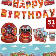 消防救援主题生日快乐一次性餐盘、餐巾纸、杯子、桌布和横幅套装，8人份派对用品套装，适合生日、婚礼、主题派对、家庭野餐等场合。 - 彩色 - 查看 1