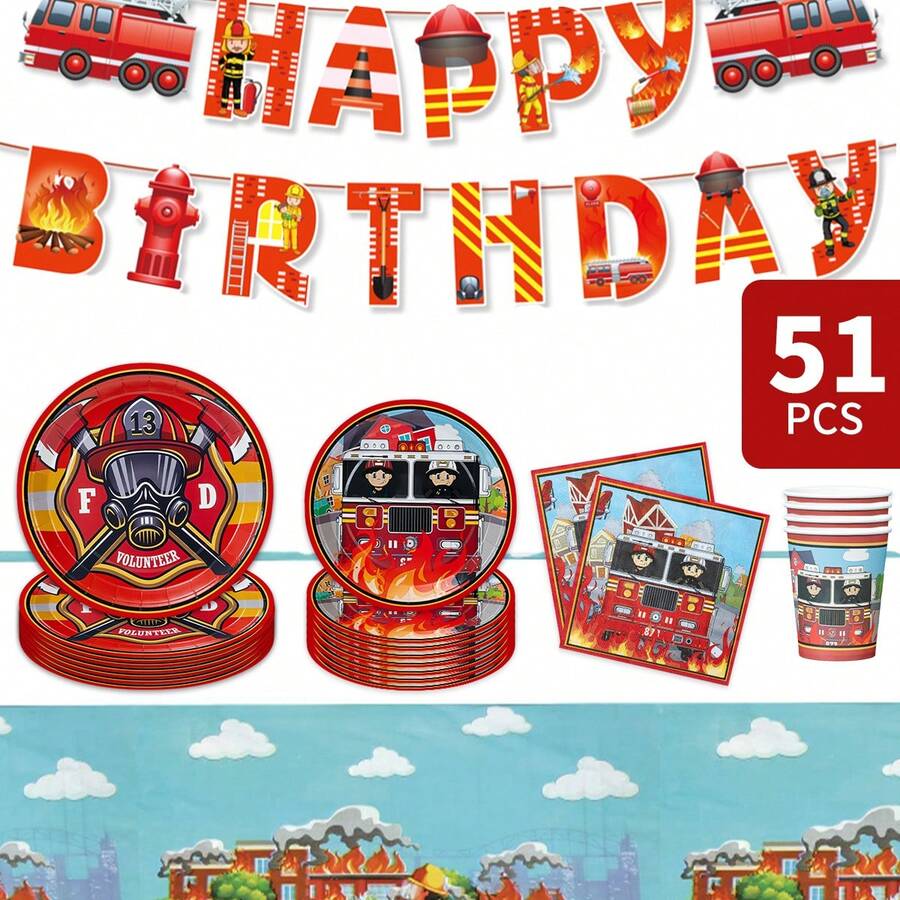消防救援主题生日快乐一次性餐盘、餐巾纸、杯子、桌布和横幅套装,8人份派对用品套装,适合生日、婚礼、主题派对、家庭野餐等场合。 - 彩色 - 查看 1