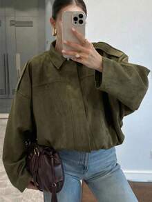 Women's Suede Bomber Jacket, Lapel Collar Long Sleeve Zipper Loose Outerwear, Casual New Style Fashion Coat, Spring/Autumn - Army Green - View 6