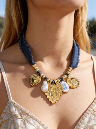 1 pieza Collar de denim con flor cerámica en forma de corazón, cuentas y acero de titanio, estilo elegante y sofisticado bohemio, joyería de pareja, adecuado para el Día de San Valentín, citas casuales, fiestas, vacaciones y regalos