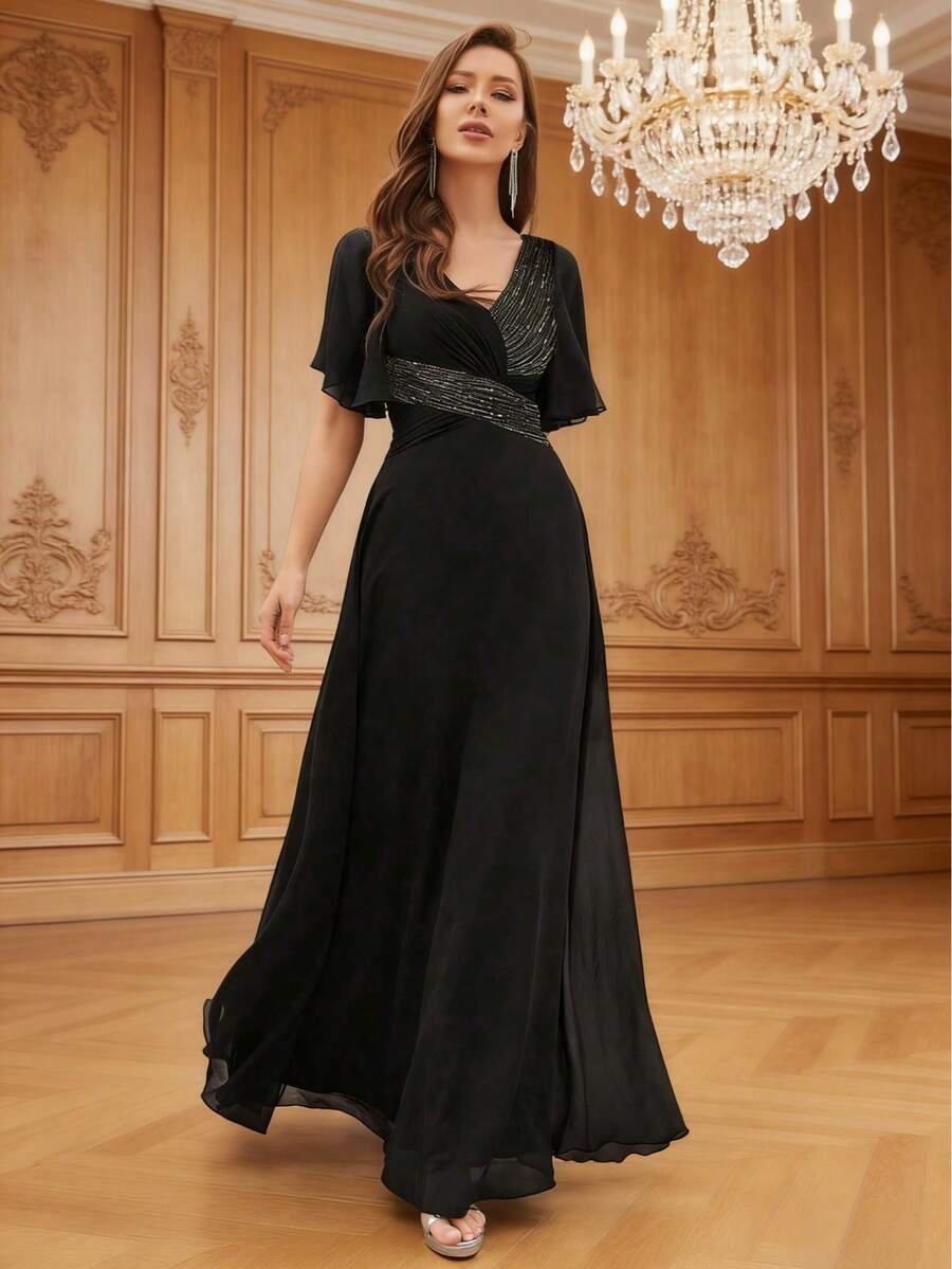 女式 V 领露背荷叶边袖交叉褶饰亮片拼接雪纺派对连衣裙 - 黑色 - 查看 1