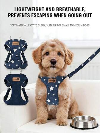 Conjunto de arnés y correa de mezclilla para perros, con estampado de estrellas, adecuado para perros pequeños y medianos, conjunto de chaqueta de mezclilla para poodle, corgi, suministros para mascotas cachorro