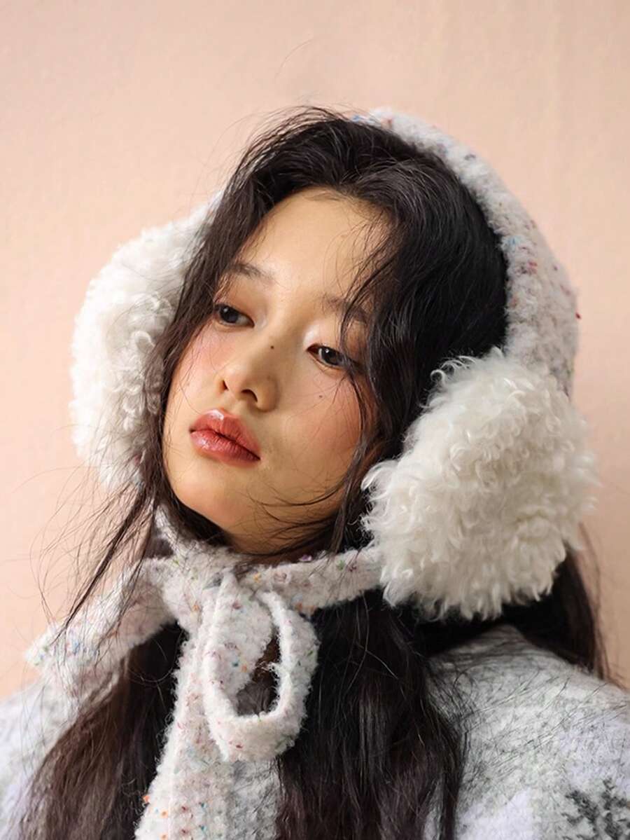 1件女款羊毛混紡護耳帽，彩色波點毛線圍巾，冬季保暖，捲毛羊羔絨繫帶護耳冬帽，防風可愛款保暖帽