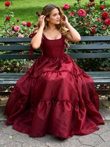 Maxi A Line Dress For Women Sleeveless Tie Shoulder U-Neck Split Hem Cross Bandage Ball Gown - 酒紅色 - 查看 7