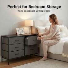 5 Drawer Dresser Bedroom, 39.4 Fabric Chest Of Drawers With Wooden Top, Storage Organizer Closet, Hallway & Living Room, Rustic Brown - Gray - 查看 2