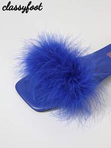 1 Pair Women Blue Faux Leather Fluffy Decor Slip-On Flat Slippers, Non-Slip, Fashionable For Home/Party,Spring Summer Outfits - Blue - View 7