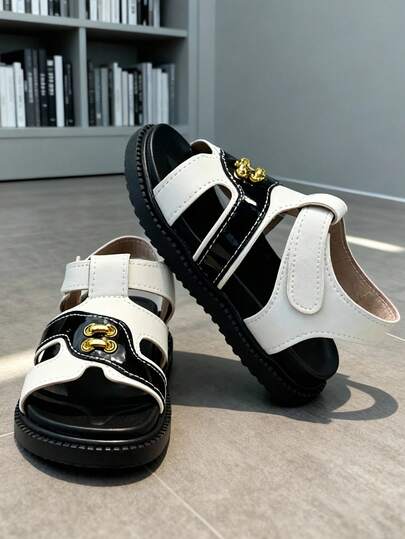1 Pair Children's Gold Buckle Contrast Color Decor Faux Leather Non-Slip Open Toe Multi-Strap Ankle Strap Flat Casual Sandals, Suitable For Summer Daily Wear And Outdoor Activities