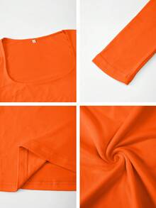 Vaiaye 女士春夏性感修身长袖针织上衣，纯色方领T恤，休闲百搭，简约日常休闲装 - 橘色 - 查看 10