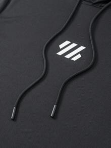 Men's Minimalist Long Sleeve Sweatshirt, With Adjustable Drawstring And Graphic Print Details, Men's Elastic Comfortable Casual Training Top, Men's Sports Fitness Shirt, Men's Breathable Casual Long Sleeve Hoodie, Suitable For Outdoor Sports, Ball Sports, Training, Jogging And Other Scenarios - Black - View 5