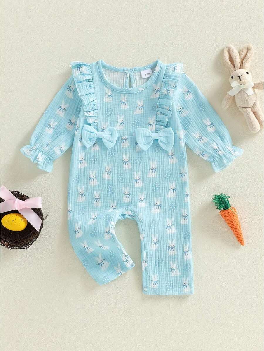 Baby Girl Easter Casual Jumpsuit Long Sleeve O Neck Ruffle Trim Egg Bunny Print Romper - Màu xanh lam - Xem 1