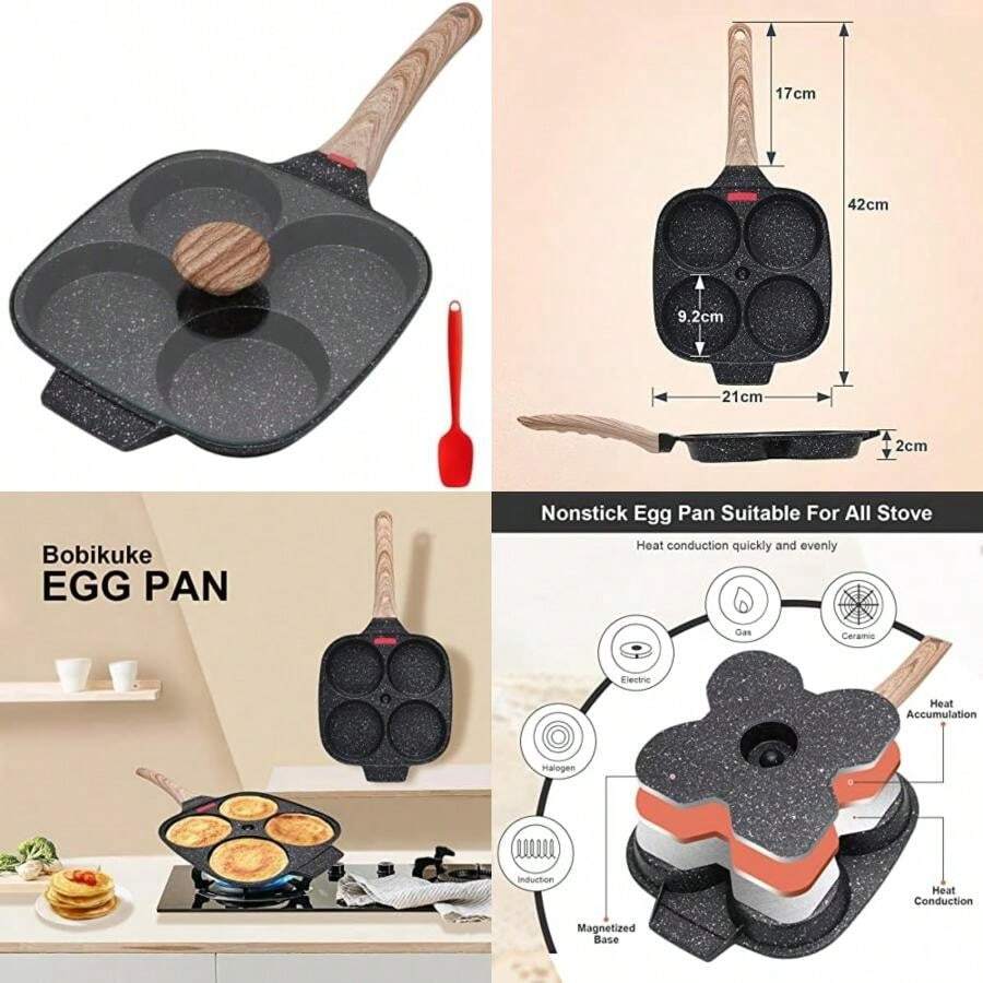 Sartén Tortitas, Sartén Huevos Poche de 4 Agujeros con Tapa Sartén Antiadherente de Aluminio para Desayuno Huevos Fritos Panqueques, para Estufas de Gas y Cocinas de Inducción(Negro 01 + lid) - Multicolor - Ver 1