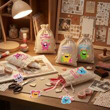 VICKYO 12pcs Cute Drawstring Gift Bags, Cartoon Style Cotton Linen Favor Pouches For Wedding Favor Storage And Party Gift Organization, Engagement Gifts And Party Favors - Multicolor - View 5