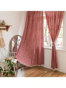 1 st enkel amerikansk rutmönstergardin, lämplig för sovrum, vardagsrum, balkong - röd pläd - Visa 10