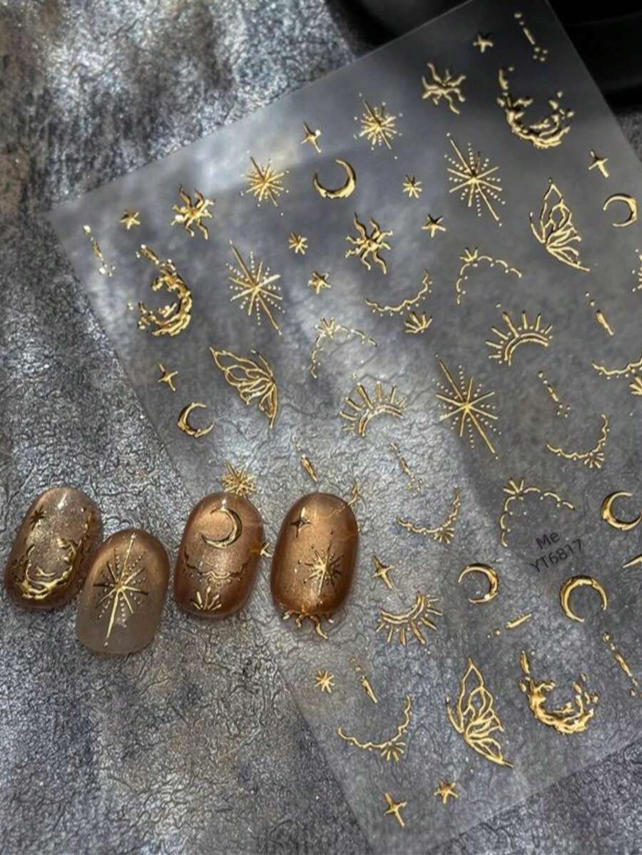 1张星月图案美甲贴纸，金属复古Y2K风格美甲贴纸，DIY浮雕2D美甲贴纸，美甲工具贴纸，美甲用品，适用于DIY按压式美甲装饰 - 金色 - 查看 1
