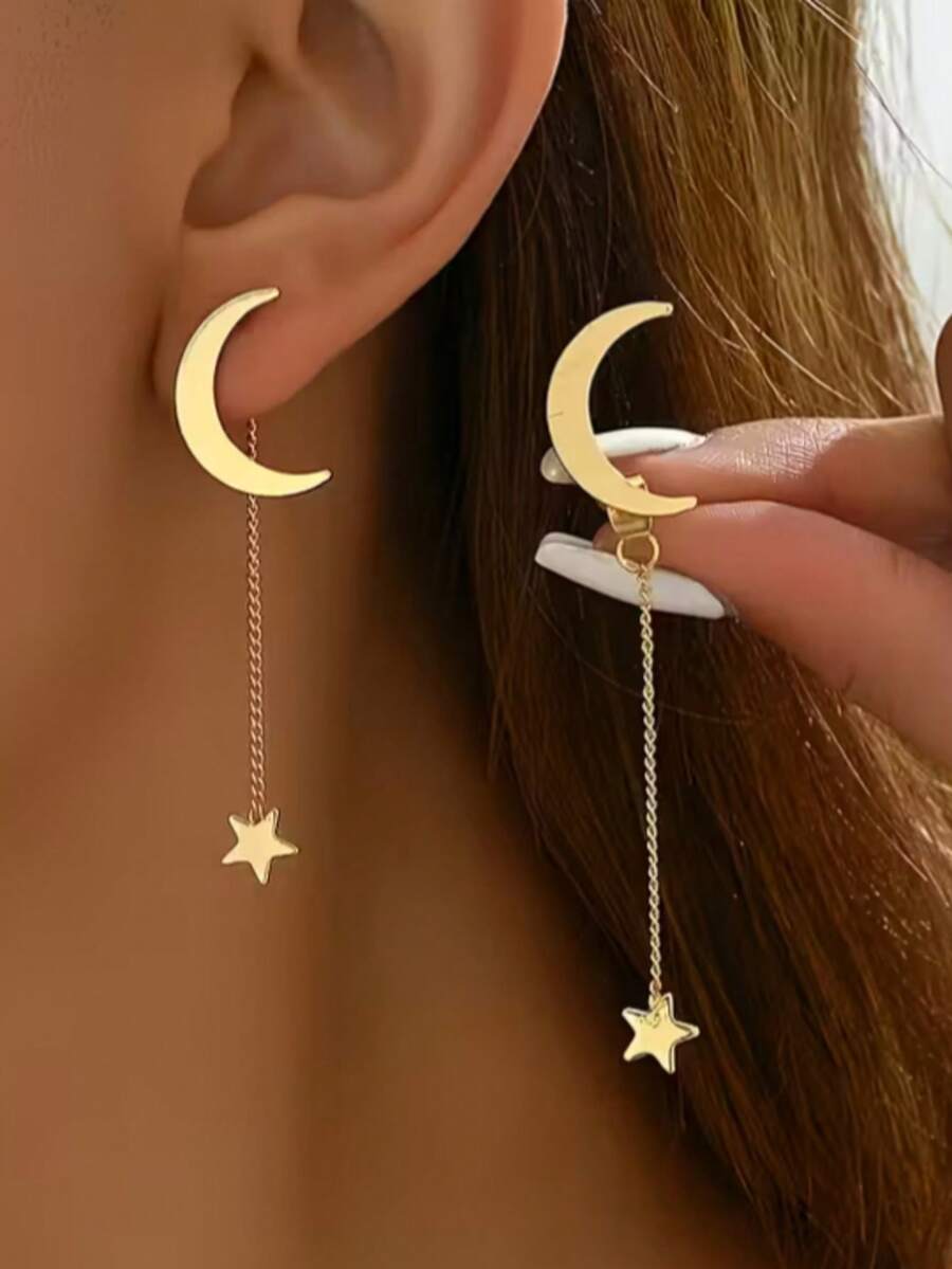 1 Đôi bông tai mặt dây chuyền hình sao và trăng thanh lịch, tối giản, có thể tháo rời - Dây chuyền vàng mảnh, phù hợp cho các dịp thường ngày, thư giãn và trang trọng, bông tai hình trăng, phụ kiện đa năng, chủ đề bầu trời sao, chế tác tinh xảo. - Vàng - Xem 1