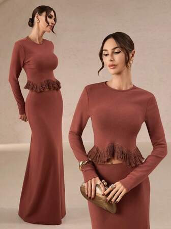 Women's New Autumn-Winter 2 Pieces Knitted Set – Long-Sleeve Tassel Patchwork Sweater & Midi Tassel Patchwork Mermaid Skirt, Versatile & , Suitable For Music Festivals, Birthdays, Graduation, Weddings & Daily Wear