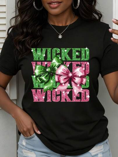 Wicked Glitter Bow Christmas T-Shirt Women Holiday Party Outfit Festive Sparkle Design Black Top Gift For Christmas Celebration