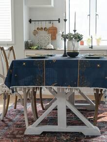 1件藏蓝色桌布，饰有金色星月灯笼图案，搭配米色流苏波西米亚风格防水家居装饰餐垫，适用于卧室、餐厅、酒店、节日装饰 - 彩色 - 查看 8