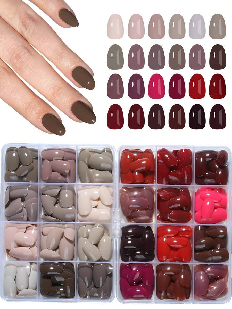 576片（24种混合色）亮面短椭圆形美甲贴纸，包含红色、裸色、粉色和棕色，采用亚克力材质，短小紧凑，完美贴合指尖。棕色美甲贴纸让您的指尖闪耀夺目，适合派对、跳舞和日常使用。美甲用品 - 查看 1