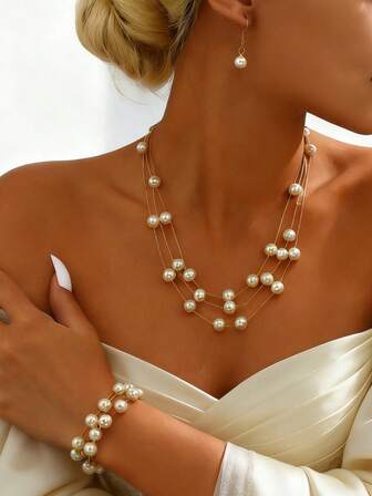 4ชิ้น/เซ็ต สร้อยคอหลายชั้นประดับไข่มุก faux หรูหรา, สร้อยข้อมือ และชุดต่างหู เหมาะสำหรับชุดออกงานราตรีของผู้หญิง