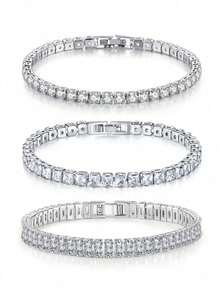 3pcs/Set Fashion Shining Round Square Geometric Cubic Zirconia Tennis Bracelets Sets For Engagement Banquets, Daily Wear, Gift For Friends - White - View 1