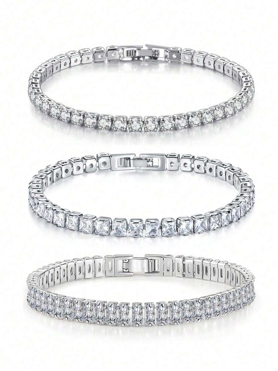 3pcs/Set Fashion Shining Round Square Geometric Cubic Zirconia Tennis Bracelets Sets For Engagement Banquets, Daily Wear, Gift For Friends - White - View 1