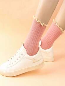 1/5/10 Pairs Women Socks, Random Assorted Solid Color Vertical Stripe Lace Mid-Calf Socks, Versatile Japanese Style, Autumn/Winter