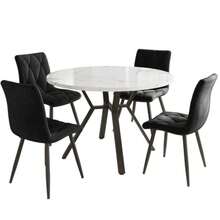 Dining Table And Chair Set (5-Piece), Modern, Simple Round Dining Table And Chair Set Made Of Marble, Table Legs Made Of Black Metal + 4 Ergonomic Chairs Made Of Black Suede - Black - View 1