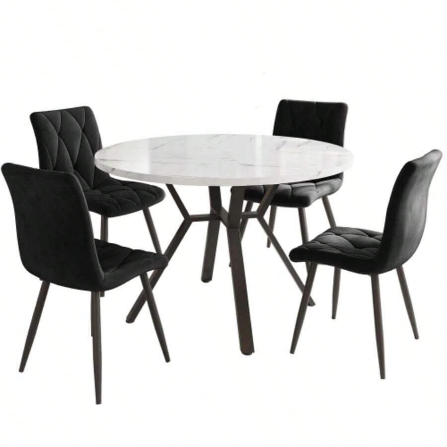 Dining Table And Chair Set (5-Piece), Modern, Simple Round Dining Table And Chair Set Made Of Marble, Table Legs Made Of Black Metal + 4 Ergonomic Chairs Made Of Black Suede - Black - View 1