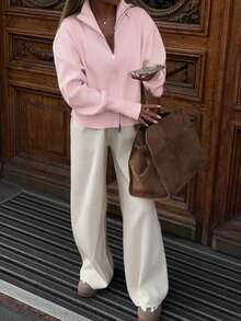 女士冬季毛衣，商务休闲装，通勤时尚长袖拉链针织开衫，日常出行必备 - 粉色 - 查看 7