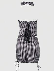 Sexy kariertes Zweiteiler-Set Sommeroutfits für Frauen mit Korsett, Spitze, Schleife, Rückenbindung, rückenfreiem Trägertop, Party-Shapewear & Minirock mit Raffung, Kordelzug und verdecktem Reißverschluss für Urlaub, Rave, Festival, Halloween Kostüme - Schwarzes Plaid - Übersicht 2