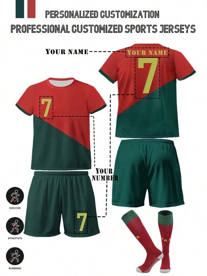 Conjunto personalizado de 2 piezas, Conjunto de jersey y pantalones cortos del equipo nacional 2022 #7 para niños - Poliéster transpirable de secado rápido, parte superior de cuello redondo y pantalones cortos, adecuado para entrenamiento deportivo y uso casual de niños, uniforme deportivo escolar, evento deportivo, opción perfecta para exteriores