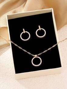 3pcs Elegant Copper Zirconia Circle Stud Earrings & Necklace Set For Women, Daily, Date, Party (Excluding Box) - Yellow Gold - View 10
