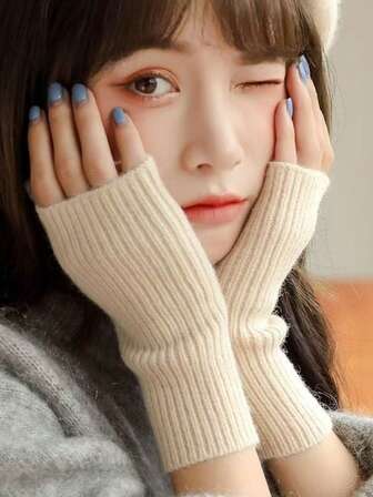 1 par de guantes sin dedos de punto de unicolor, versátiles, cálidos, casuales, adecuados para citas y atuendos