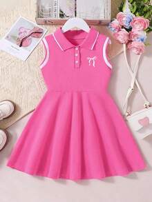 Girls' Polo Collar Short Sleeve Casual Printed Dress - Pink - View 1