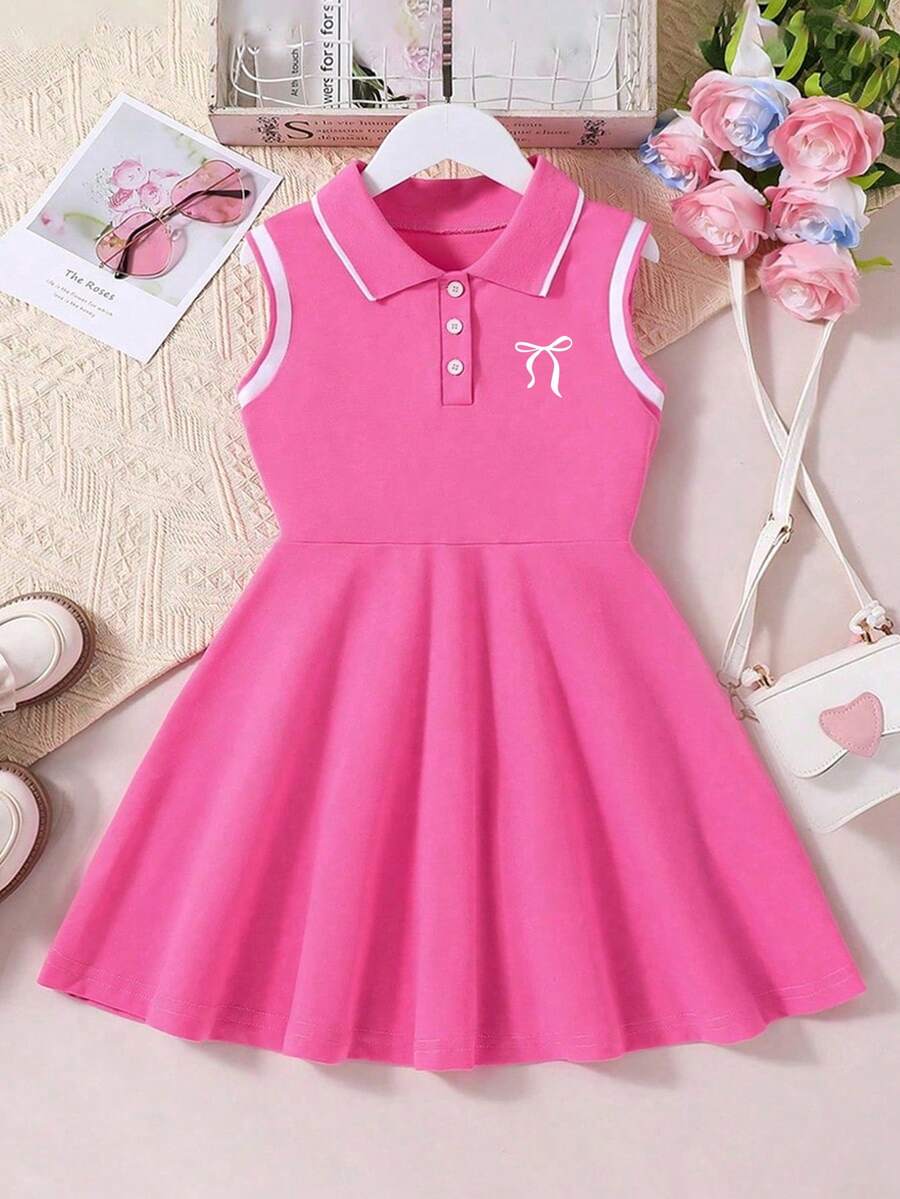 Girls' Polo Collar Short Sleeve Casual Printed Dress - Pink - View 1
