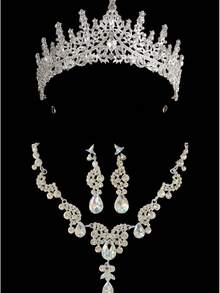 1 套金色新娘首饰 - 水钻皇冠、项链、耳环（4 件）、婚礼配饰，适合新娘礼服、婚礼、派对、舞会