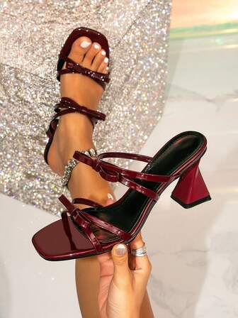 1 Pair Elegant Metallic Chunky Heel Sandals, Outdoor Summer Fashion High Heels For Women