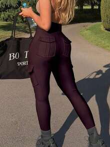 Chicsale Stretchy Workout Trousers For Women - High Waisted Cargo Pants With Pockets, Slim Fit Yoga Leggings For Walking, Gym, Travel & Daily Comfort - 中紫紅色 - 查看 1