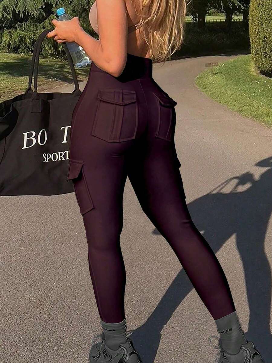 Chicsale Stretchy Workout Trousers For Women - High Waisted Cargo Pants With Pockets, Slim Fit Yoga Leggings For Walking, Gym, Travel & Daily Comfort - 中紫紅色 - 查看 1