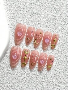 10件套斋月系列美甲套装，渐变色美甲贴片，杏仁形美甲贴片，方形美甲贴片，鸭嘴美甲贴片，手绘水滴美甲贴片，月亮、爱心、星星、珍珠、水钻美甲配件，闪光凝胶美甲贴片，粉色指甲油，温柔甜美，包含工具包（1片果冻贴片+1个指甲锉），适合女性和女孩，日常拍照，斋月，派对美甲用品 - 彩色 - 查看 3