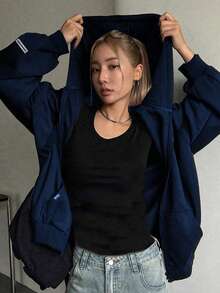 1pc Teen Girl Casual Versatile Drawstring Hooded Sweatshirt, Thermal Lined Warm For Spring, Autumn & Winter - Navy Blue - View 2