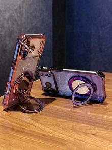 奢华电镀闪粉透明镜面支架手机壳，兼容 17 Air 16 E 15 14 Plus 13 12 11 16 Pro，镜头保护防震保护套 - 粉色 - 查看 7