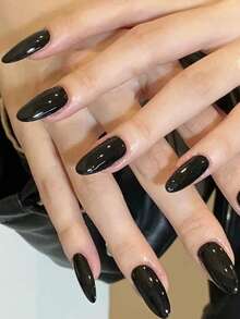 30pcs Halloween Nail Art Set, Simple All-Match Style & Everyday Almond-Shaped Black False Nails, Includes 1 Nail File And 1 Nail Glue Nail Supplies - Black - View 4