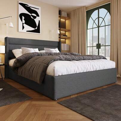 Storage Bed, Upholstered Bed, Hydraulic Double Bed 140x200cm, Wooden Slatted Base, Bed With Metal Slatted Base, Linen, Grey