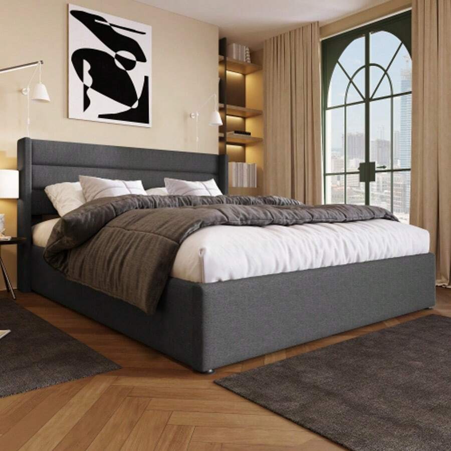 Storage Bed, Upholstered Bed, Hydraulic Double Bed 140x200cm, Wooden Slatted Base, Bed With Metal Slatted Base, Linen, Grey - Grey - View 1